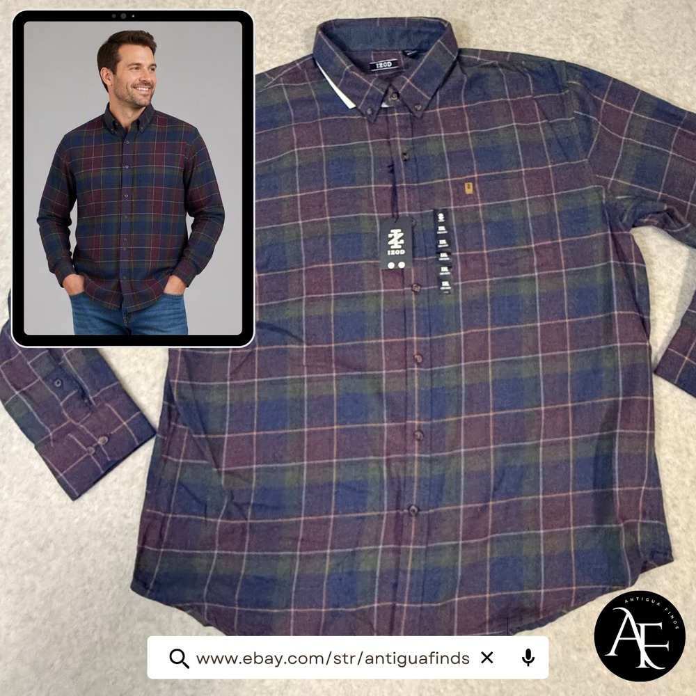 Izod Mens XXL Long Sleeve Plaid Button Down Shirt Blue Green Purple NWT